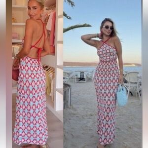 NWT Zara Lose Knit Halter Dress Turquoise, Red, White Geometric. Sz Small